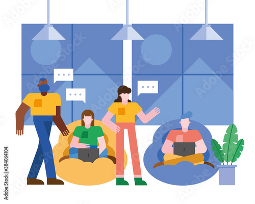 Coworking of people on pufs with laptops and bubbles at office vector design
