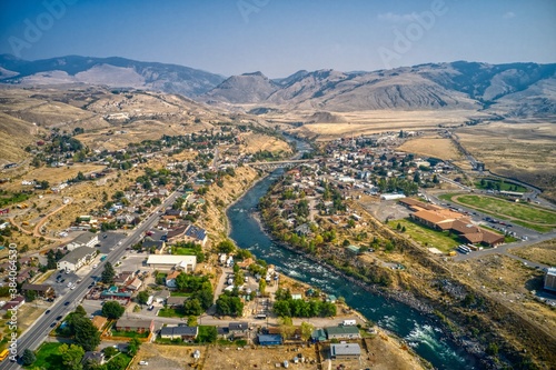 Aerial View of the Town of Gardiner, Montana which borders Yellowstone National Park