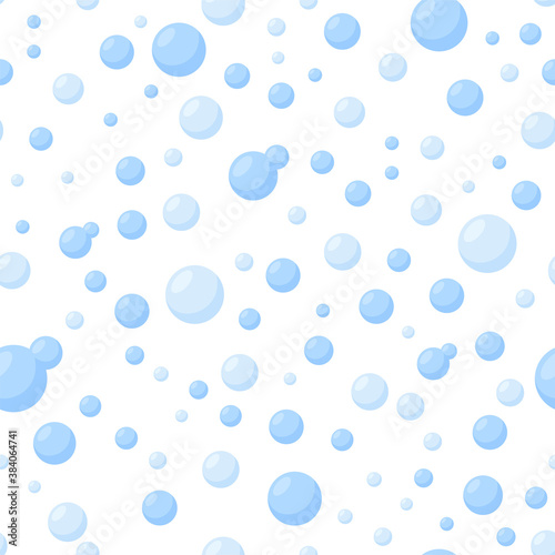 Seamless pattern with bubbles in white background. Light blue bubbles for cleaning. Vector illustration in cartoon style