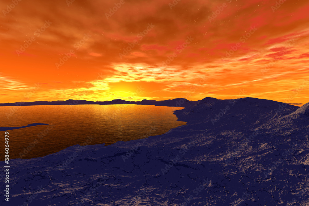 Fototapeta premium Alien Planet. Mountain and lake. 3D rendering