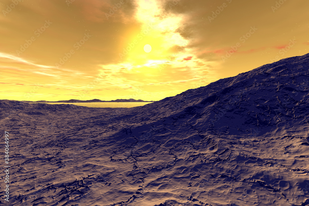 Alien Planet. Mountain and lake. 3D rendering