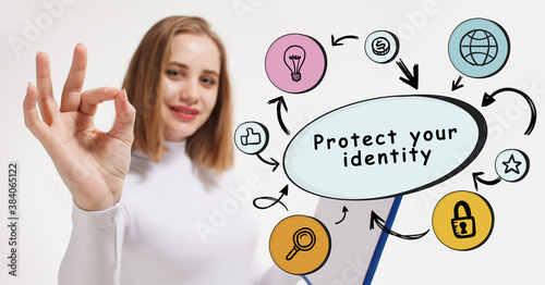 Business, technology, internet and network concept. Young businessman thinks over the steps for successful growth: Protect your identity