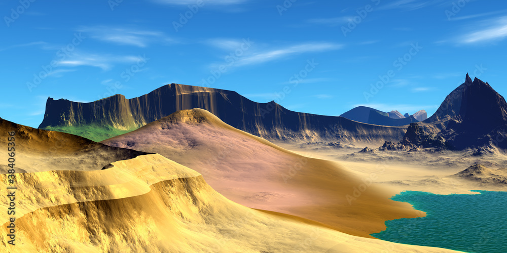 Obraz premium Alien Planet. Mountain and lake. 3D rendering
