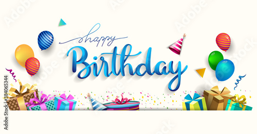 Happy Birthday typography vector design for greeting cards and poster with balloon, confetti and gift box, design template for birthday celebration.