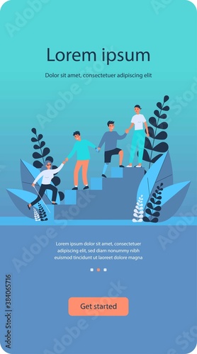 Disabled people helping to each other. Handicapped men and women holding hands and climbing upstairs flat vector illustration. Community, support concept for banner, website design or landing web page