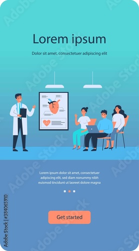 Medical college students listening to doctor lecture in classroom. Audience of young people classroom asking questions to speaker about heart surgery. For conference, seminar, education concept