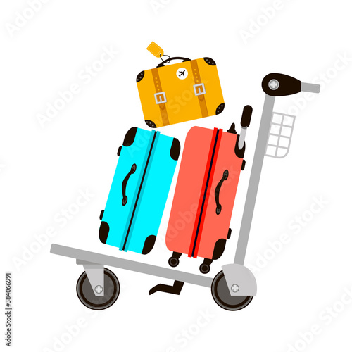 Suitcases on airport luggage trolley. Travel bag. Summer time. Holidays. Vacation trip. Rest