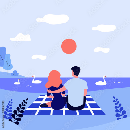 Happy couple sitting near lake on sunset. Water, date, swan flat vector illustration. Relationship and love concept for banner, website design or landing web page