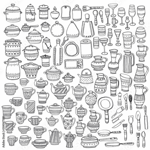 Big set of 98 cute hand drawn ornate kitchen tools including different versions of casseroles, teapots, cups, glasses, cutting boards, pans, pots, and others. Doodles outline collection. Vector
