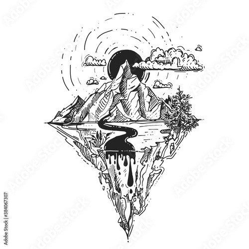 Set mountains sketch. Hand drawn vector illustration. Mountain travel, highlands range. Dot and line art. Rocky peaks. Landscape silhouette.