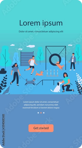 Happy people with dogs at city park flat vector illustration. Cartoon pets jumping, running, walking, playing, training at dog area. Animals and activity concept
