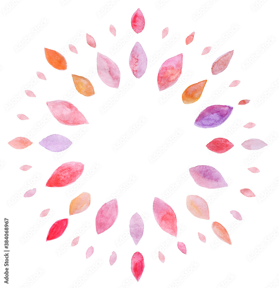 Decorative leaves arranged in a circle like in a mandala Floral watercolor pink red element. Stylized leaves. Decorative leaves arranged in a circle like in a mandala Floral watercolor pink red element. Stylized leaves.