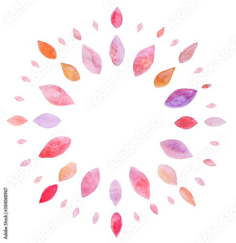 Decorative leaves arranged in a circle like in a mandala Floral watercolor pink red element. Stylized leaves.