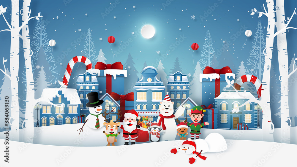 Origami Paper art Landscape of Christmas party with Santa Claus and cute character in snow town, Merry Christmas and Happy New Year
