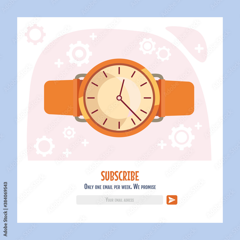 Social media newsletter with watch vector illustration. Abstract graphic elements on background and text. Time control and subscription concept. Template for poster, advertising label or flyer Social media newsletter with watch vector illustration. Abstract graphic elements on background and text. Time control and subscription concept. Template for poster, advertising label or flyer