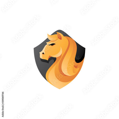 Horse Head Hair and Shield Mascot Logo Illustration