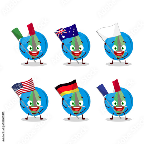 Blue marbles cartoon character bring the flags of various countries