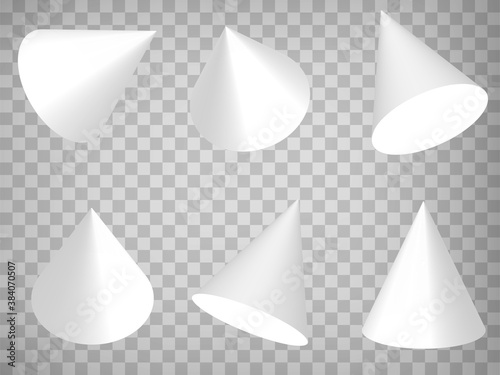 Set of perspective projections 3d cones model icons on transparent background.  3d cones.  Abstract concept of graphic elements for your web site design, app, UI. EPS 10

