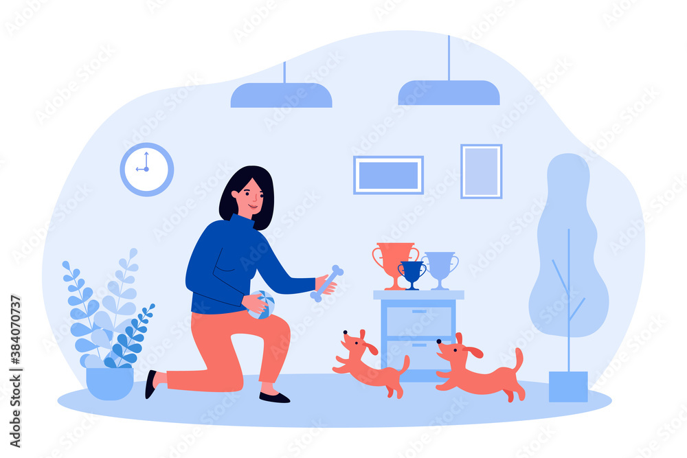 Woman playing with cute dogs. Bone, ball, cup flat vector illustration. Domestic animals and pets concept for banner, website design or landing web page Woman playing with cute dogs. Bone, ball, cup flat vector illustration. Domestic animals and pets concept for banner, website design or landing web page