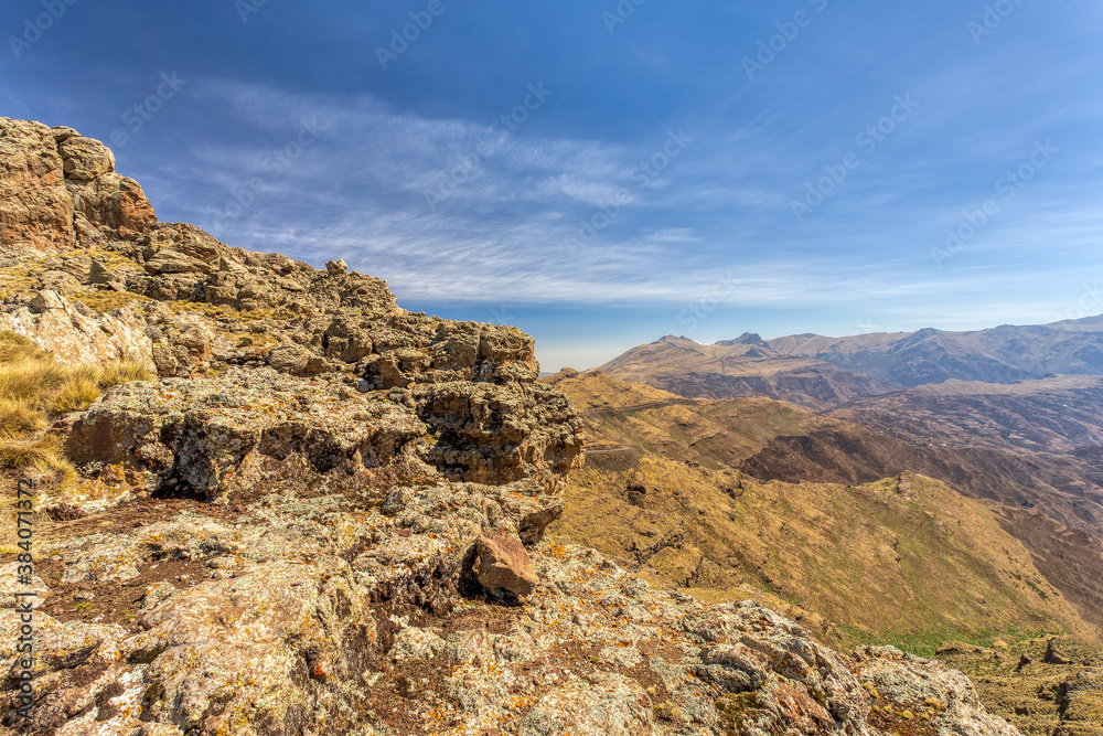 View of ethiopian beautiful Semien or Simien Mountains National Park landscape in Northern Ethiopia. Africa wilderness, Sunny day and blue sky