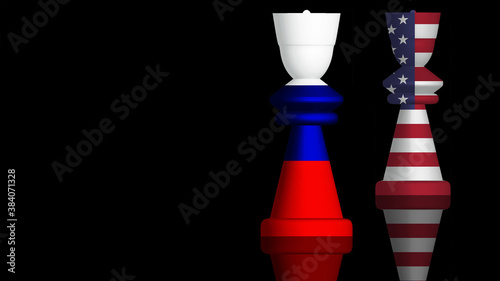 3D Illustration of a Conflict Concept between Russia and the USA with flags painted on chess pieces. 3D rendering