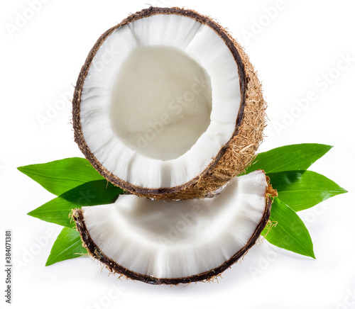 Cracked coconut fruit with white flesh and a piece of coconut isolated on white background.