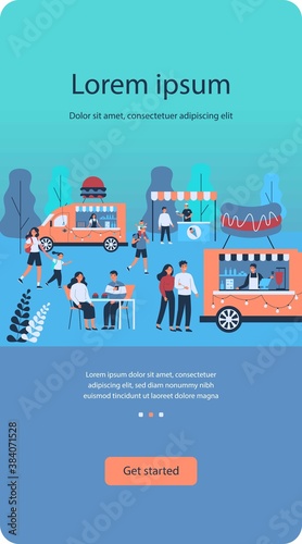 Different people relaxing on street food festival isolated flat vector illustration. Cartoon crowd walking on fair and eating in park. Summer event and vacation concept
