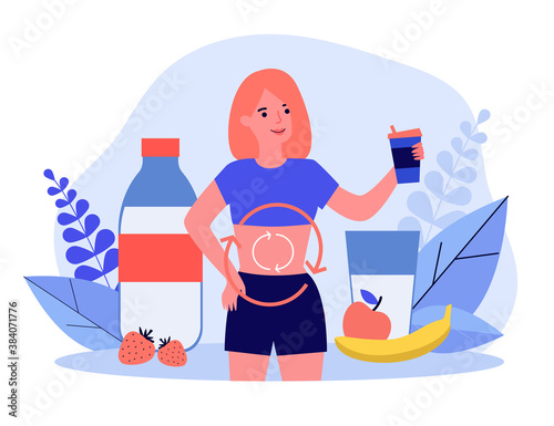 Happy woman drinking milk and eating fruits. Health, food, glass flat vector illustration. Digestive system and nutrition concept for banner, website design or landing web page