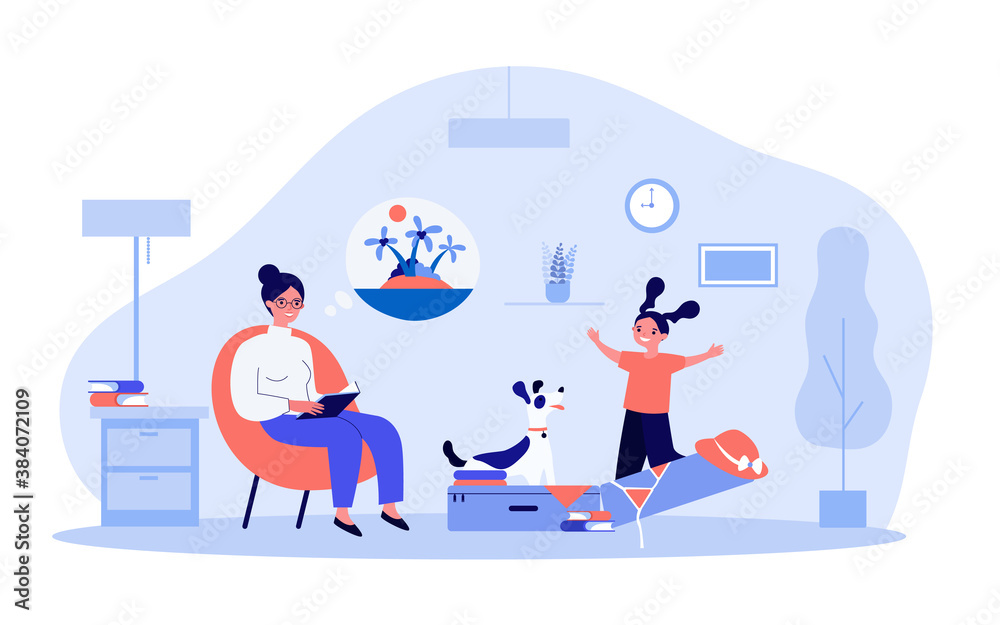Mother and daughter packing belongings for trip. Dog, family, kid flat vector illustration. Summer vacation and travel concept for banner, website design or landing web page
