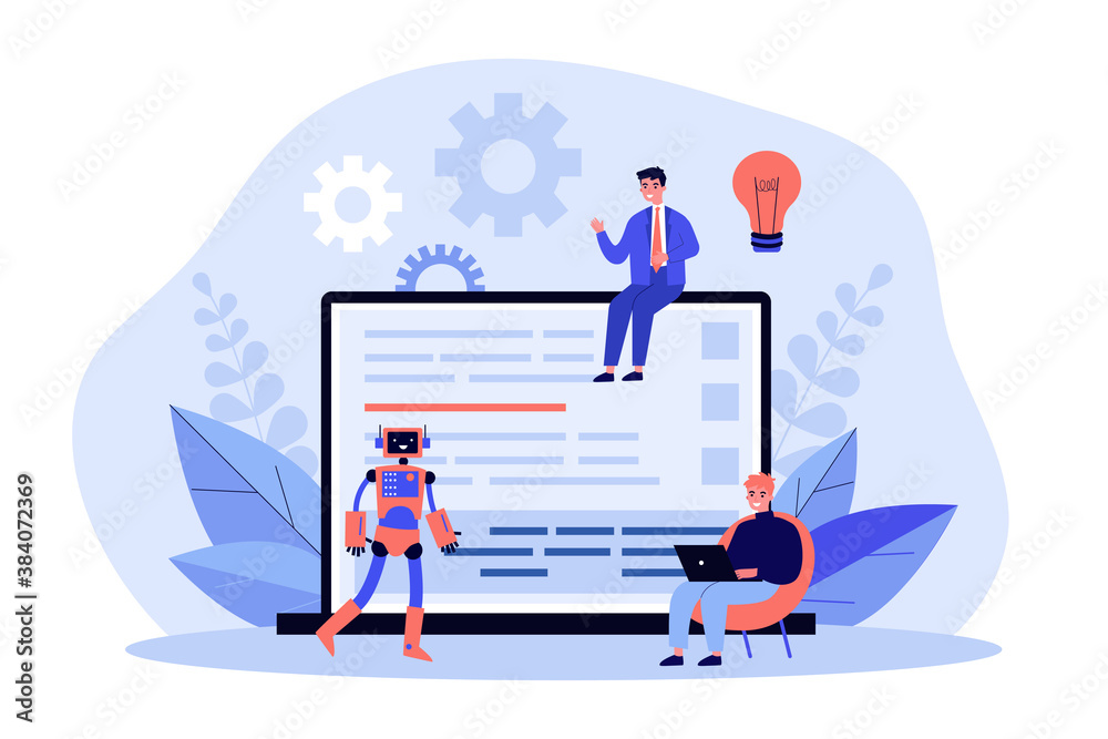 Tiny men and robot near laptop computer with code. Idea, bulb, project flat vector illustration. Development and digital technology concept for banner, website design or landing web page Tiny men and robot near laptop computer with code. Idea, bulb, project flat vector illustration. Development and digital technology concept for banner, website design or landing web page