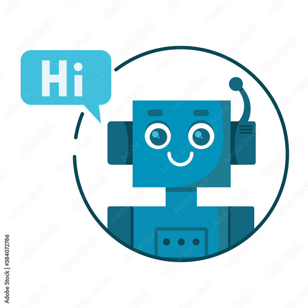 Smiling cute robot chat bot with speech bubble. Support service concept icon. Vector cartoon flat illustration isolated on white background. Smiling cute robot chat bot with speech bubble. Support service concept icon. Vector cartoon flat illustration isolated on white background.