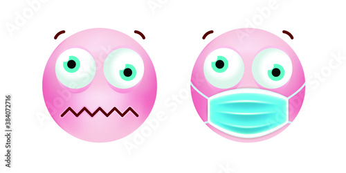 Cute Pink Emoticon with Cartoon Style with Medical Facial Mask on White Background . Isolated Vector Illustration 