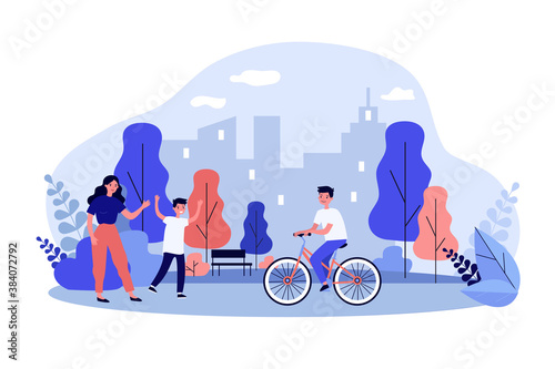 Family waving to boy riding on bicycle in park. Cityscape, kid, sport flat vector illustration. Weekend and lifestyle concept for banner, website design or landing web page