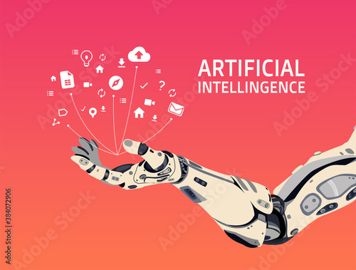 Helping and protection of social media by artificial intelligence. Illustration of cyber hand and icons above it in red background.