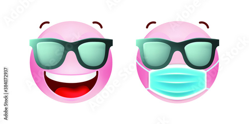 Cute Pink Emoticon with Cartoon Style with Medical Facial Mask on White Background . Isolated Vector Illustration 