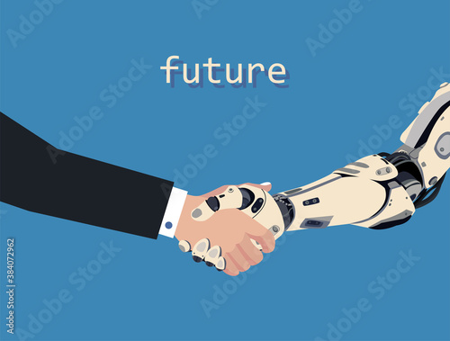 Illustration of cooperation and trust between human and artificial intelligence. Handshake of cyber and human hands.