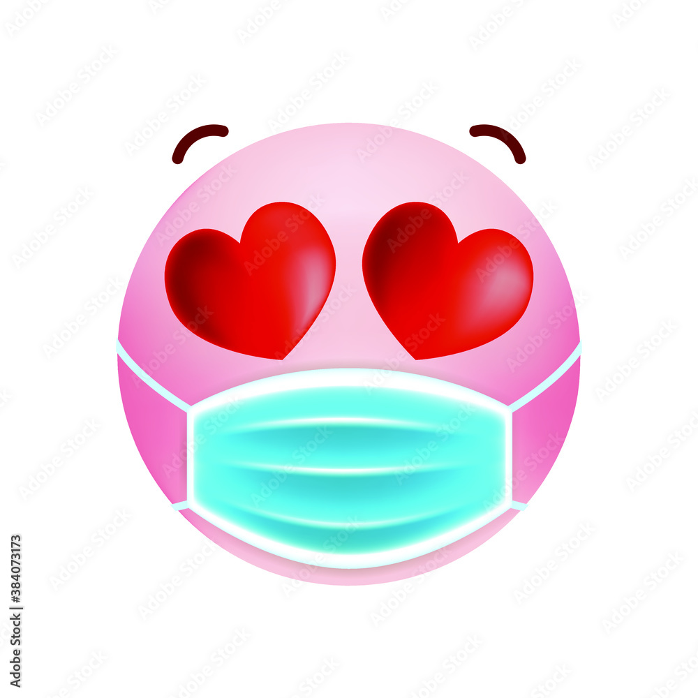 Cute Pink Emoticon with Cartoon Style with Medical Facial Mask on White