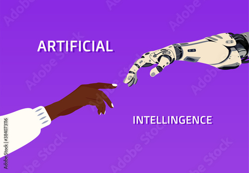 Sign of connection and friendship of artificial intelligence and human in vector style in purple background.