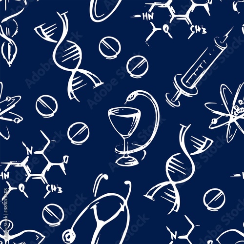Seamless pattern with medical images on a blue background. For medical. Vector graphics.