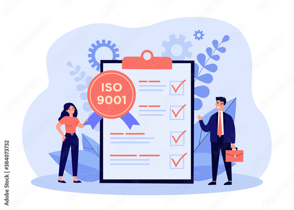 Tiny business people meeting quality control standards and getting certificate. Flat vector illustration for certification, quality management, industry concept Tiny business people meeting quality control standards and getting certificate. Flat vector illustration for certification, quality management, industry concept