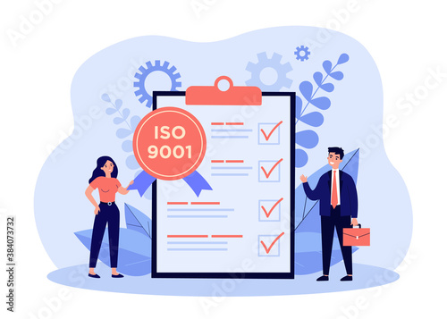 Tiny business people meeting quality control standards and getting certificate. Flat vector illustration for certification, quality management, industry concept