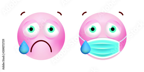 Cute Pink Emoticon with Cartoon Style with Medical Facial Mask on White Background . Isolated Vector Illustration 