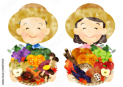 水彩 秋野菜と果物を持つ、麦わら帽子の老夫婦