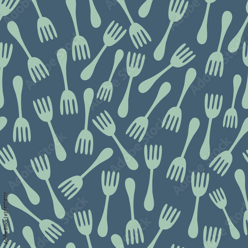 Seamless vector abstract pattern of forks in green on blue background © Asya Lapteva
