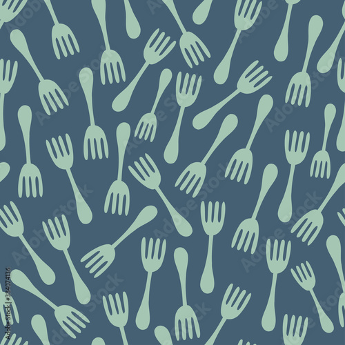 Seamless vector abstract pattern of forks in green on blue background
