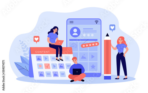 Bloggers with computers working on content strategy and plan. Flat vector illustration for social media promotion, advertising campaign, seo, blogging concept