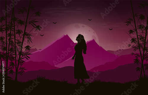 Gradient colors mountains with bamboo tree and alone girl landscape background