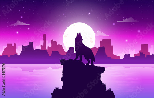 Vector illustration of beautiful river and northern lights in night sky landscape background. wolf moon. Premium Vector
