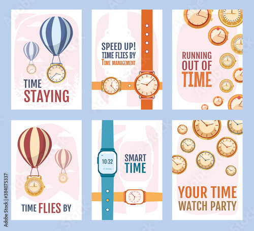 Futuristic promo banner design with watches vector illustration. Clocks or air balloons elements and text. Smart time and speed concept. Template for promotion poster, advertising label or flyer