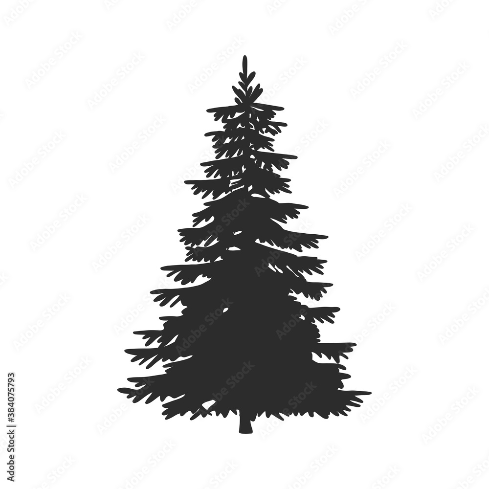 Tree, Christmas fir tree, black silhouette isolated on white background. Vector, spruce tree silhouette, vector illustration